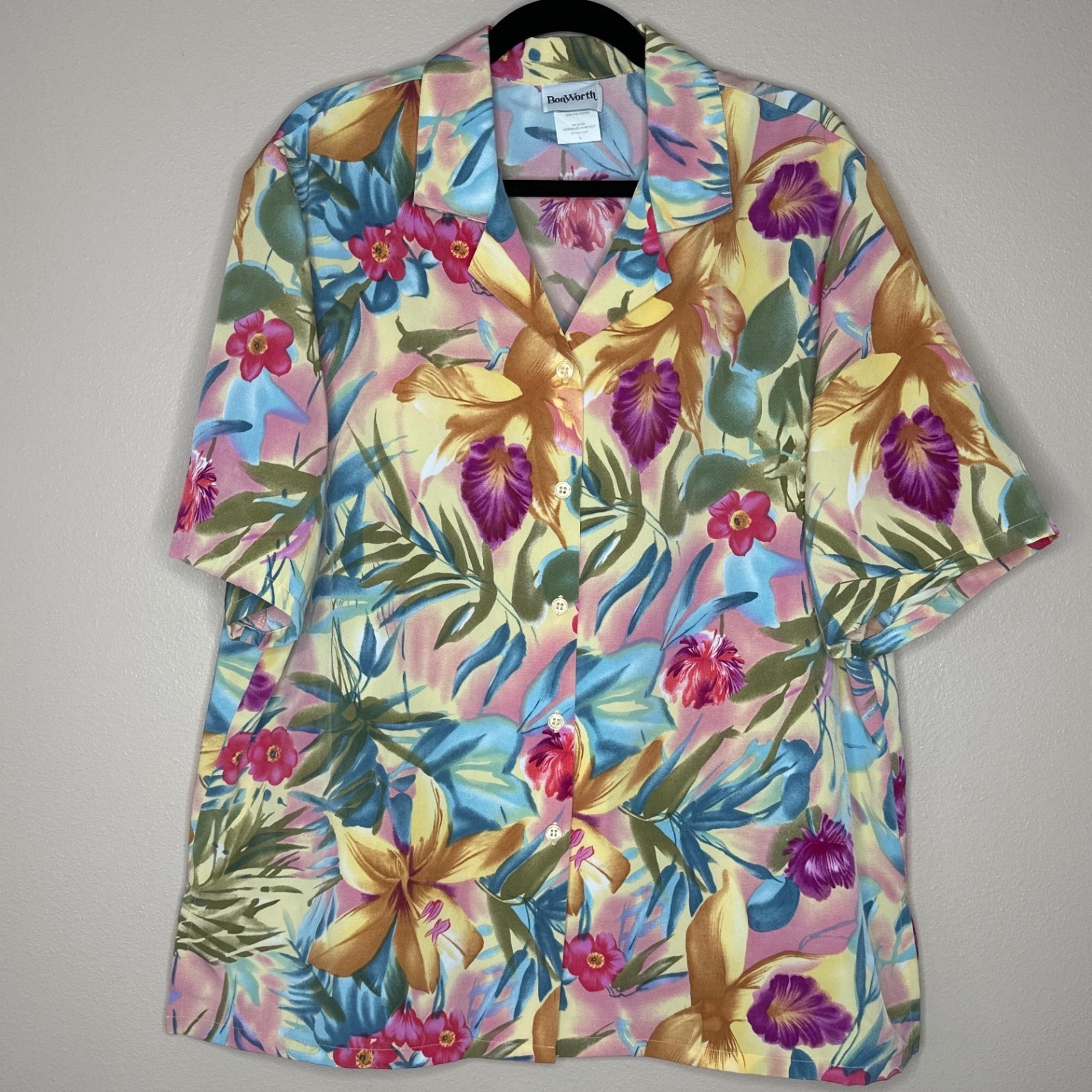 BonWorth VTG Women's Short Sleeve Button Up Side Slit Hawaiian Shirt Size L