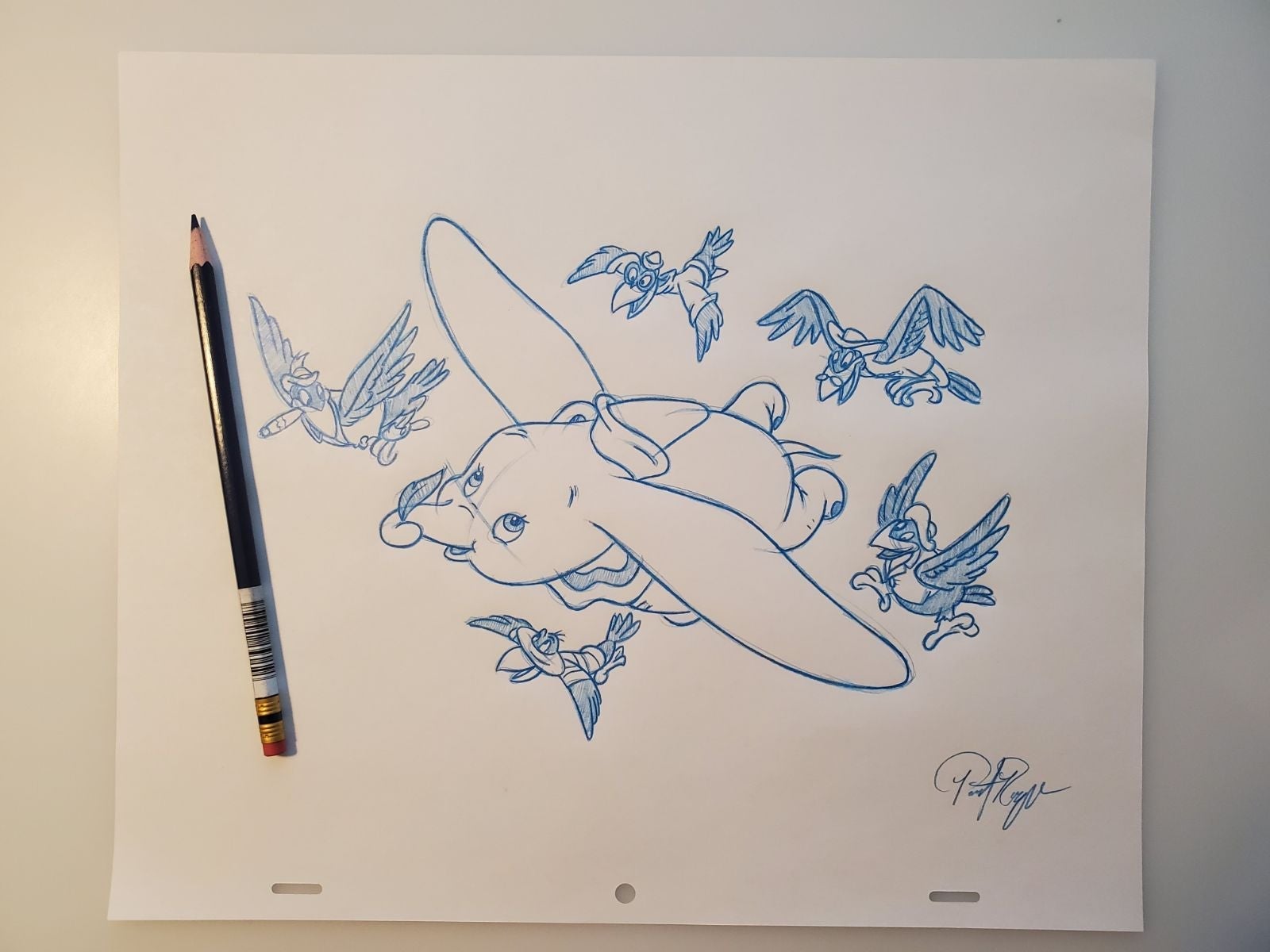 Disney Dumbo flying with crows drawing