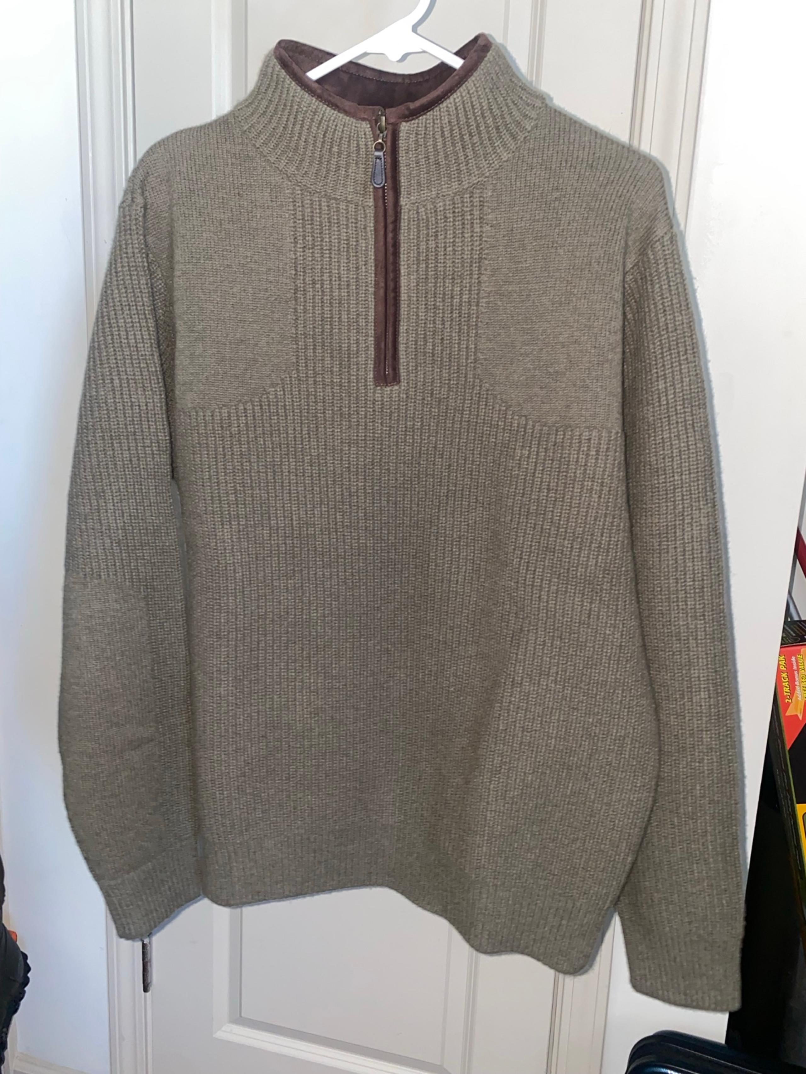 LL Bean Sweater Mens M Green Waterfowl Lambswool Mock Neck 1/4 Zip