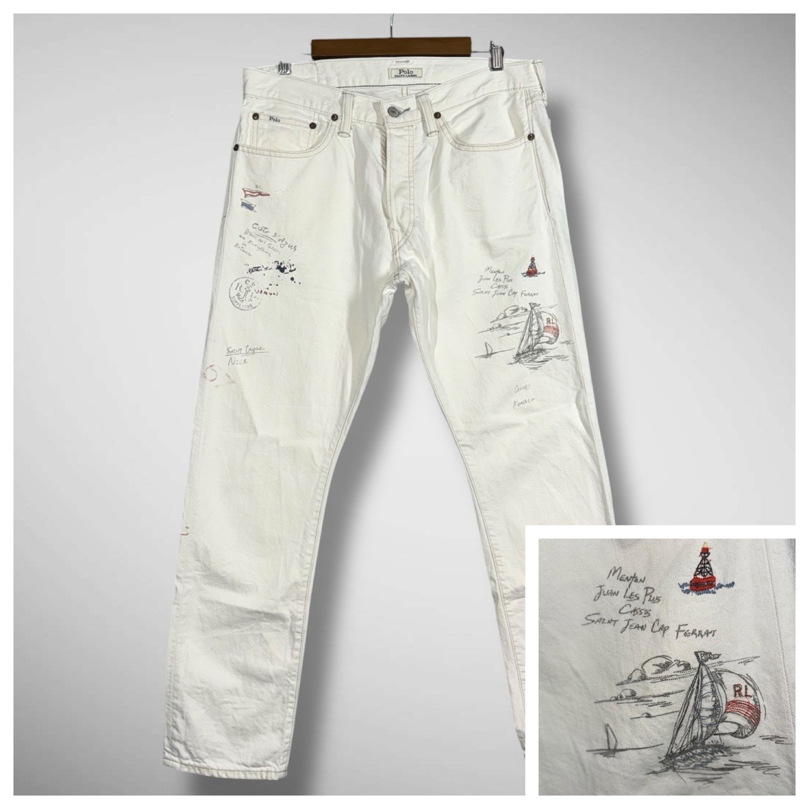 Polo Ralph Lauren Sailboat Artist Button Fly Jeans 32x30 Varick Slim Straight