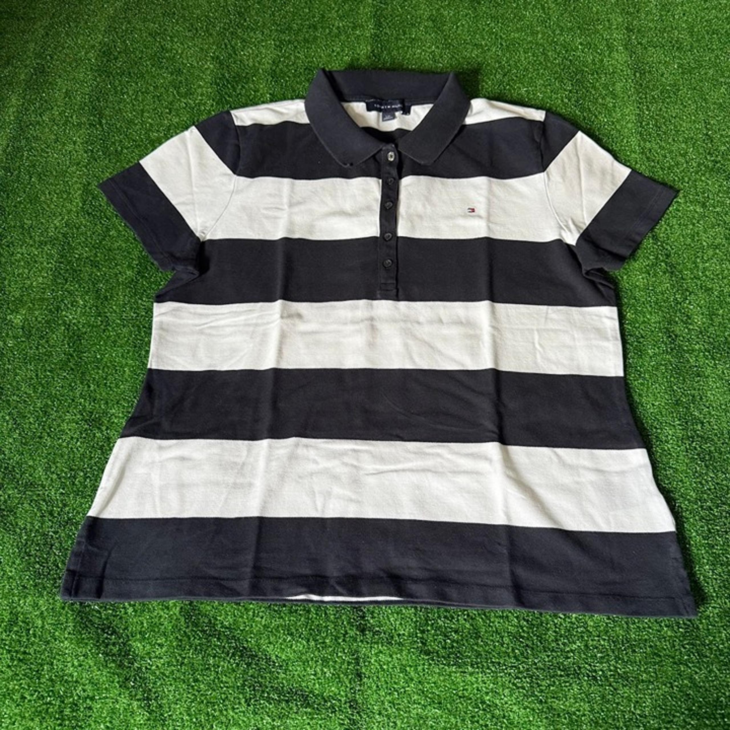 Tommy Hilfiger Short Sleeve Black Striped Classic Piqué Polo Preppy Shirt Size L