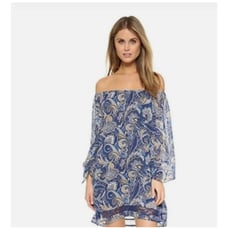 Alice+Olivia Dress Women Sz L Blue Cari Mosaic Paisley Off-Shoulder Fairy