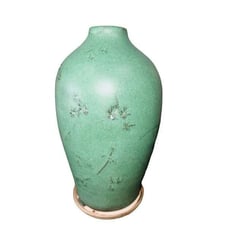 Vintage 1950's MCM D. Stewart Green Textured Floral Etched Vase Pottery Signed