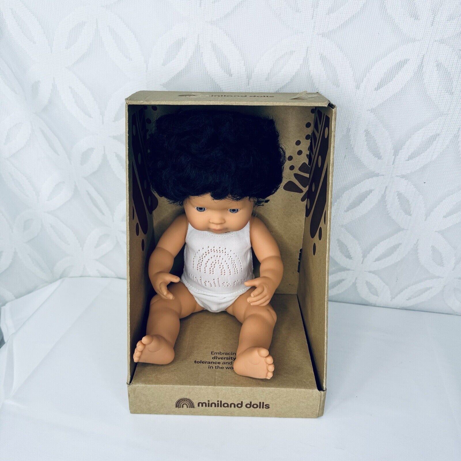 Miniland Educational Baby Doll Caucasian Boy Black Curly Hair 15 Inch
