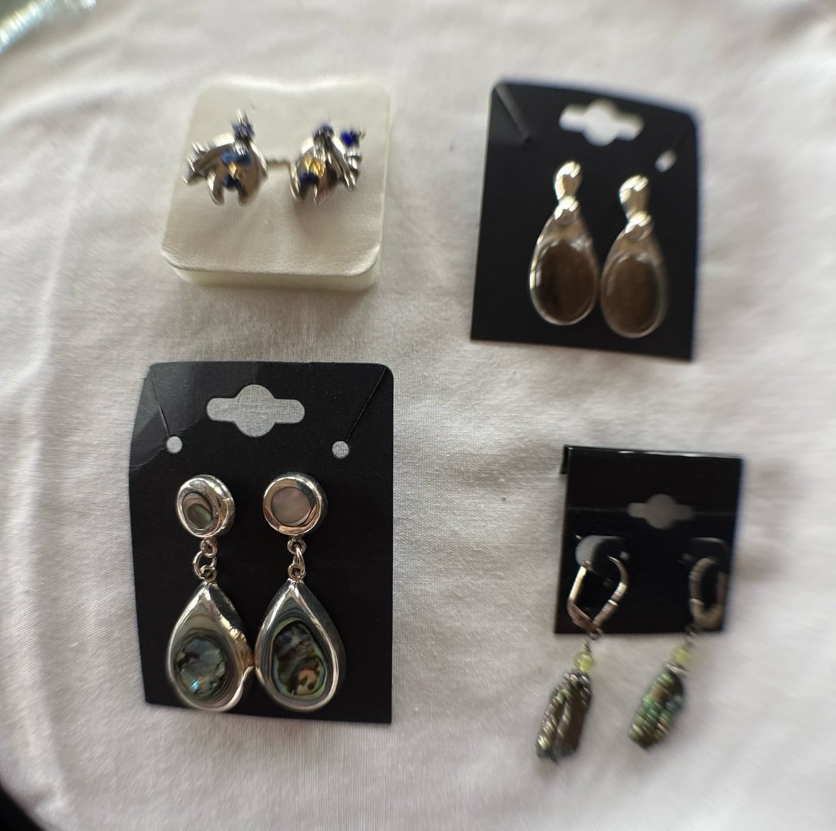 Lot #11 925 DROP TIGER EYE, 925 DROP ABALONE, BEAR W/ BLUE, GREEN DROP EARRINGS.