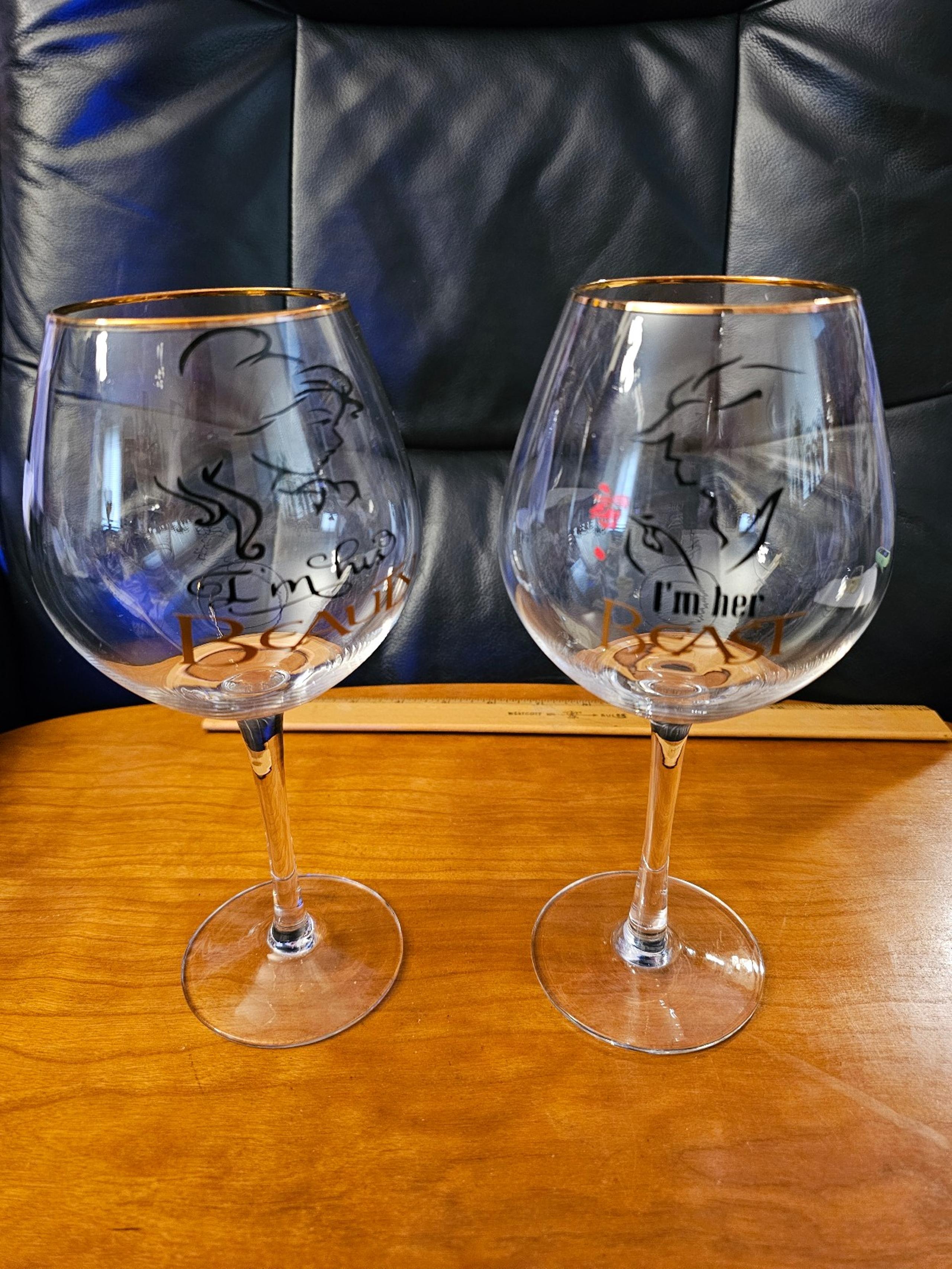 Disney Beauty and The Beast Wine Glasses set EUC 9.5" tall