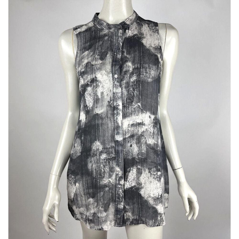 Eileen Fisher Silk Sleeveless Tunic Top Women PM EUC Button-up Blouse Crew Neck