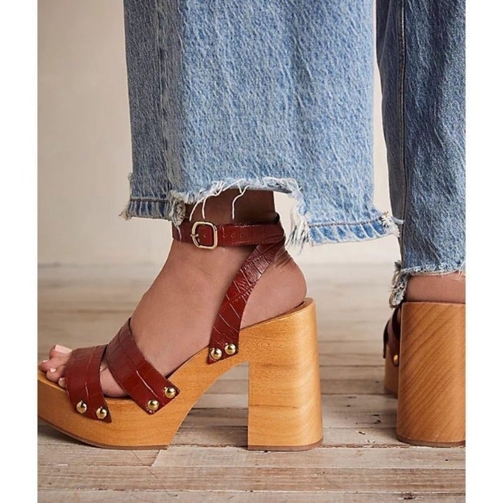 New Free People Mallory Clogs Wood Heel Sandal in Luggage Brown