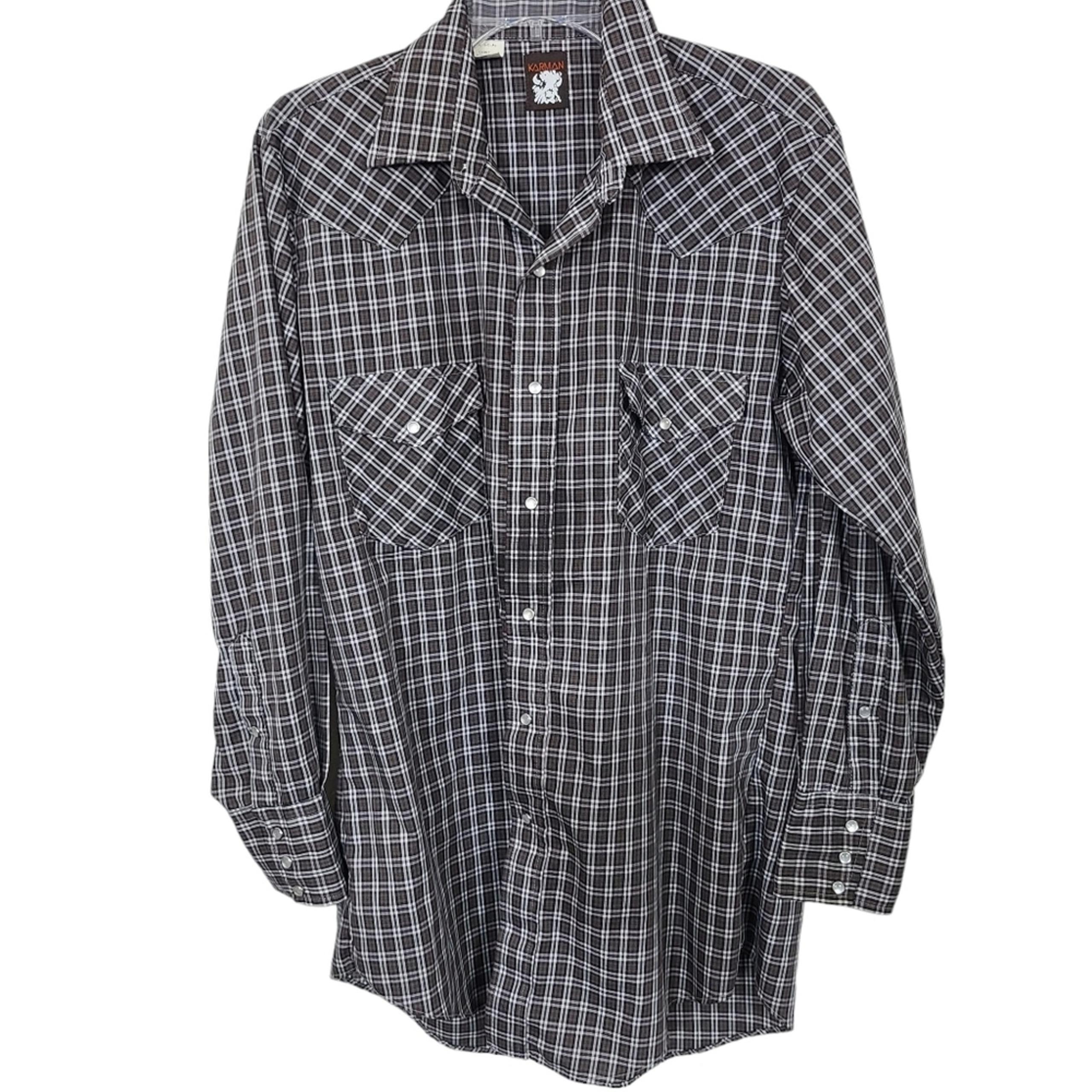 Vtg  Karman Plaid Western Long Sleeve Shirt Pearl Snap Extra Long Tails Rodeo L