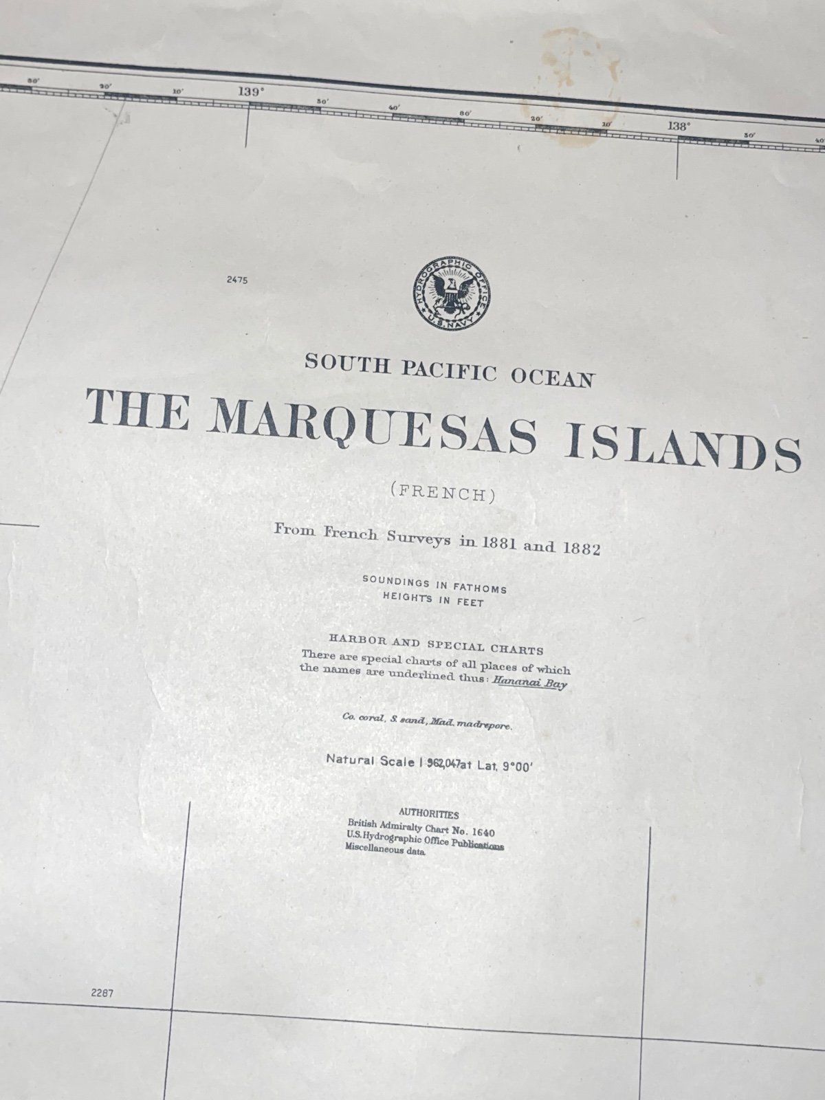 Official USA Gov’t Map 1882 Printed 1920 Marquis Islands S Pacific Ocean 36 X 27