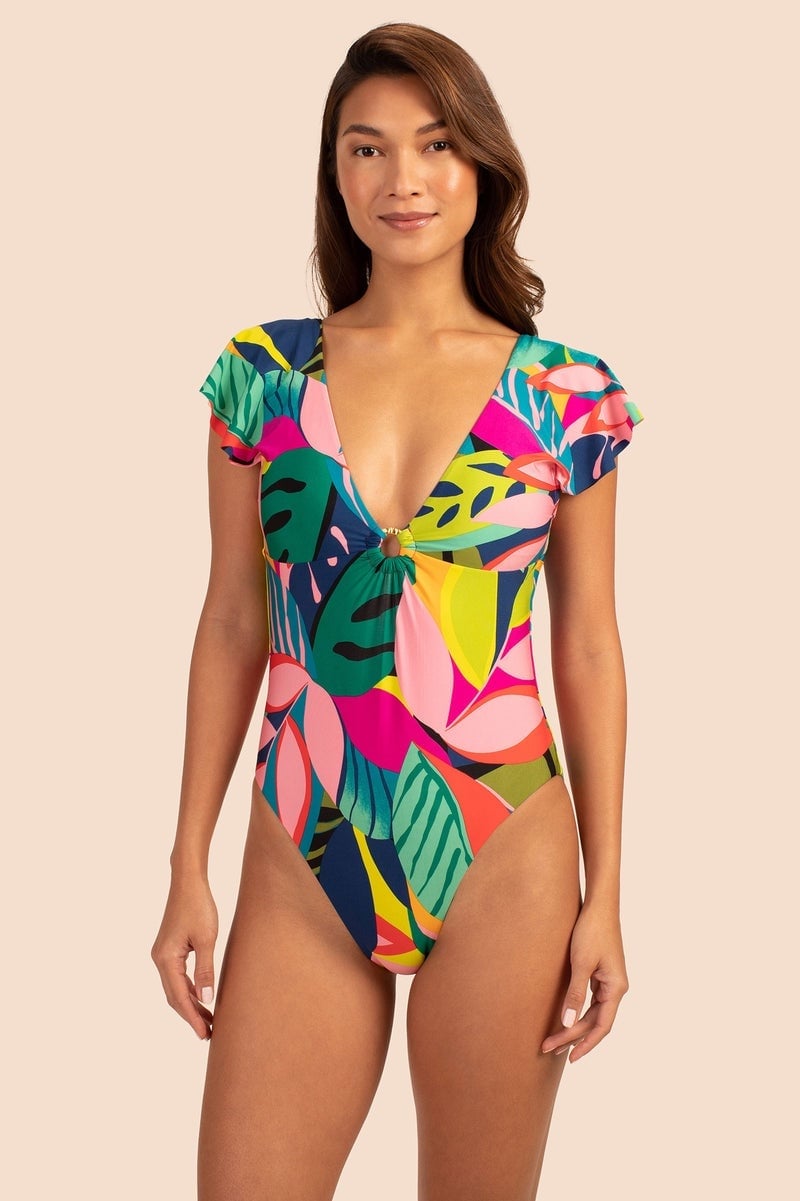 Trina Turk Rainforest Flutter Sleeve Maillot Sz 10