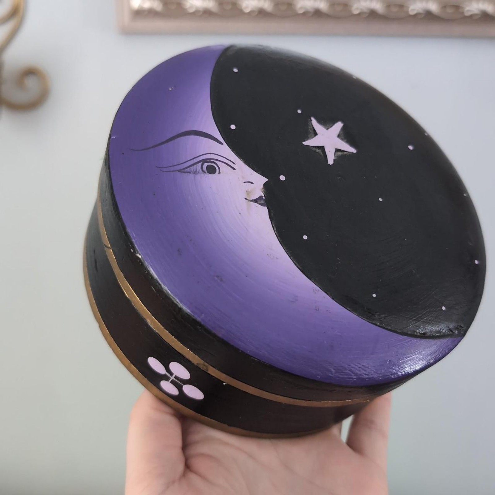 Vintage rare purple and black mystical hand-painted moon and star design