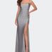 NWT La Femme  Long Tie Up Back Jersey Prom Dress With Slit Color Silver size 0