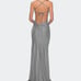NWT La Femme  Long Tie Up Back Jersey Prom Dress With Slit Color Silver size 0