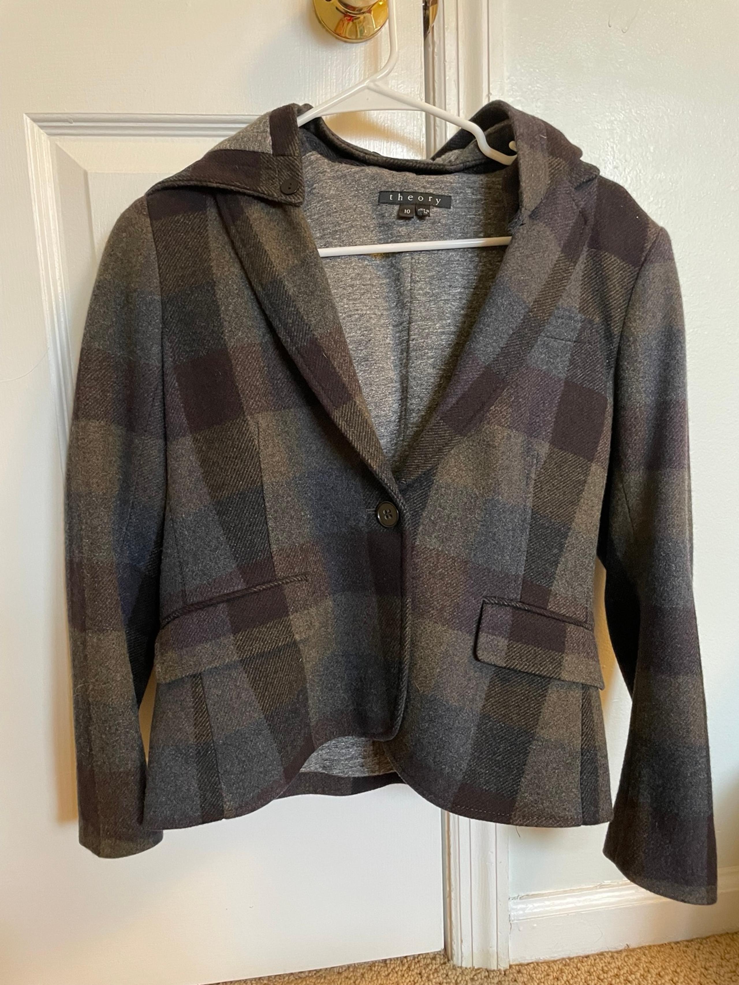 Theory wool plaid jacket with hood womens size 10