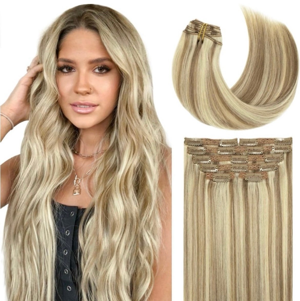 Light Brown Highlighted Platinum Blonde Human Hair 20 Inch Clip In Extensions