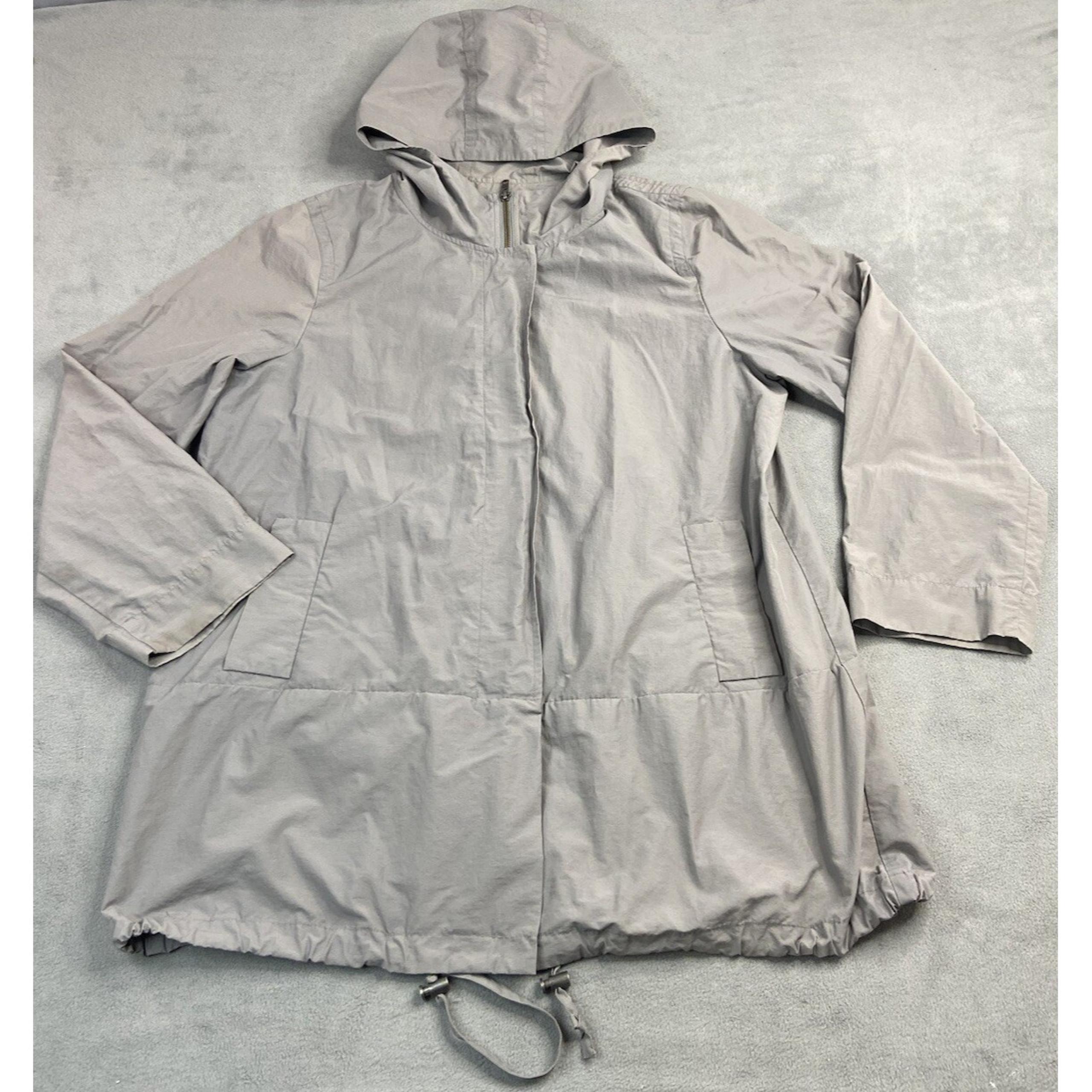 Eileen Fisher Jacket Womens Large Gray Rain Coat Hood Lagenlook Minimalist Light