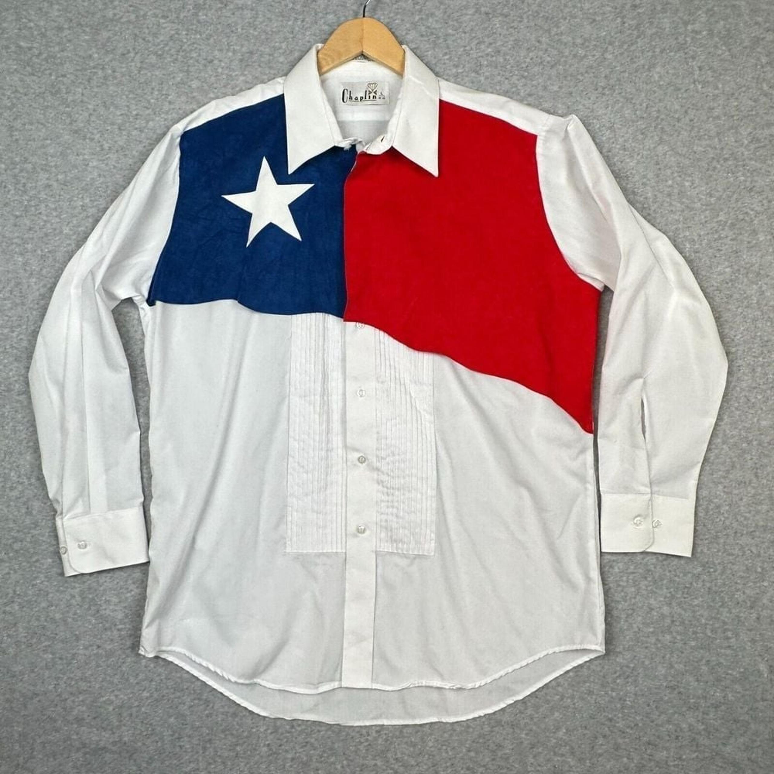 Vintage Chaplin Shirt Mens Large 32-33 White Tuxedo Pleated Texas Flag Bib Yoke