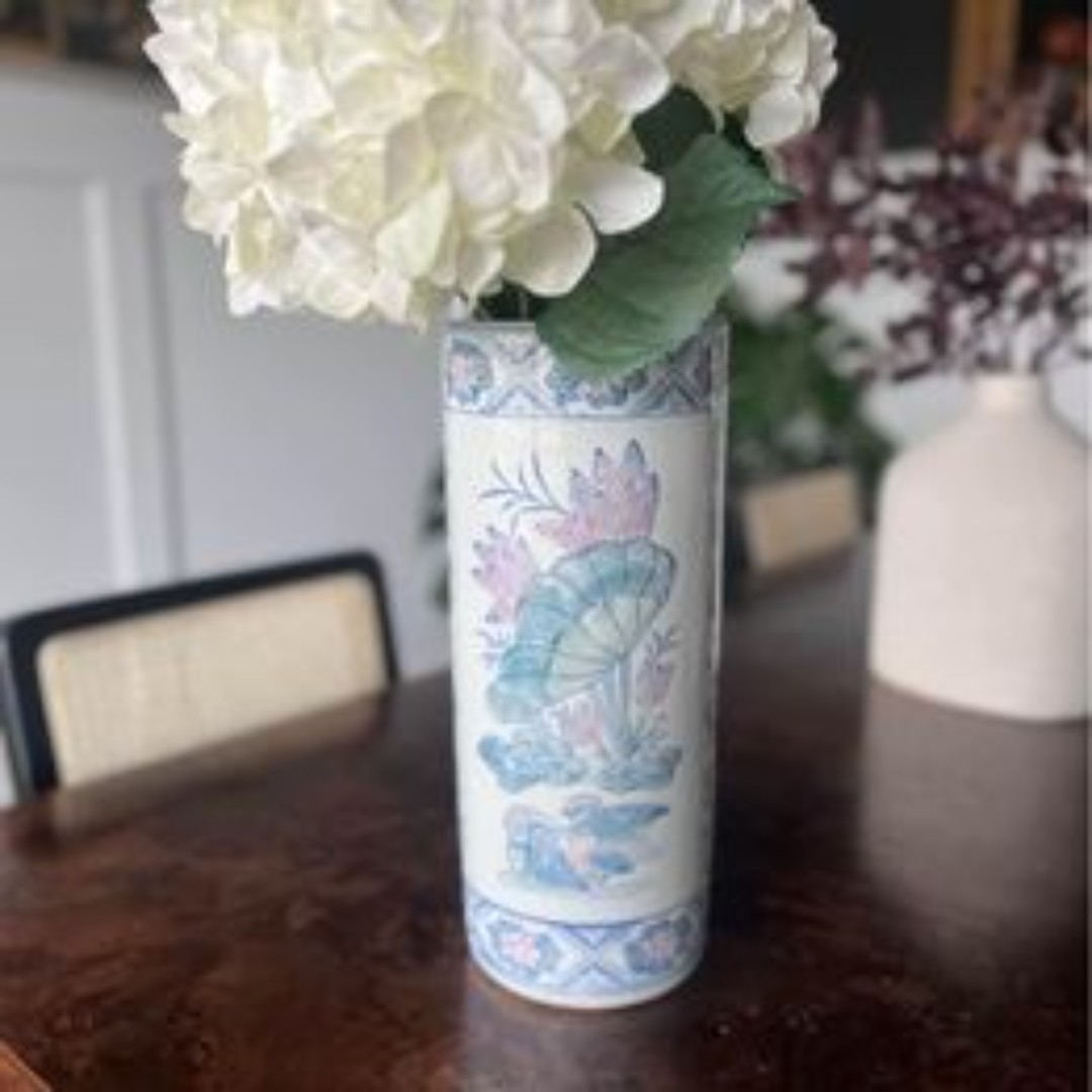 Vintage Pink & Blue Asian Chinoiserie Floral Centerpiece Vase Grandmillennial