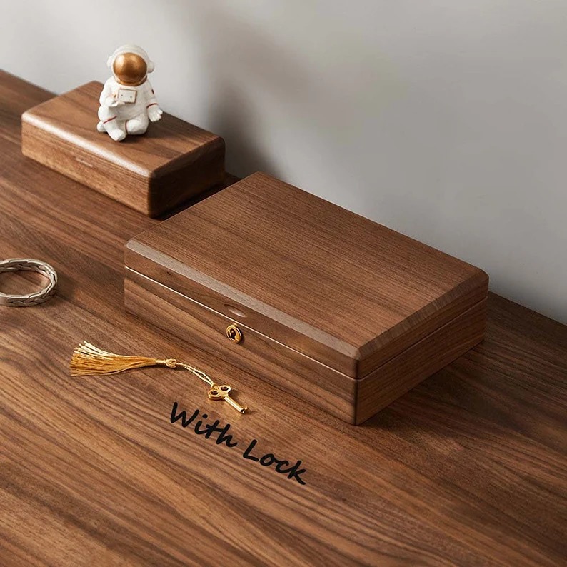 Hansimon Walnut Wood Jewelry Box with Lock Large Earring Bracelet Necklace
