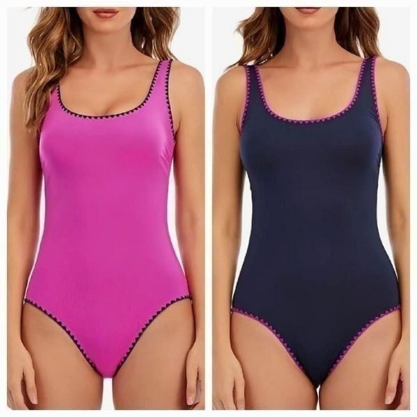 Lucky Brand Women's Navy / Pink Crochet Trim Reversible Piece Swimsuit