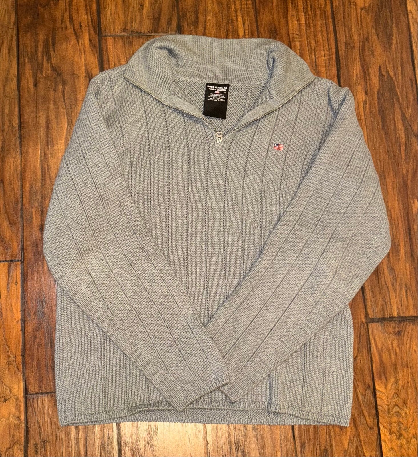 Vintage Ralph Lauren Polo Jeans Co Mens Ribbed Half-Zip Sweater L Gray Cotton