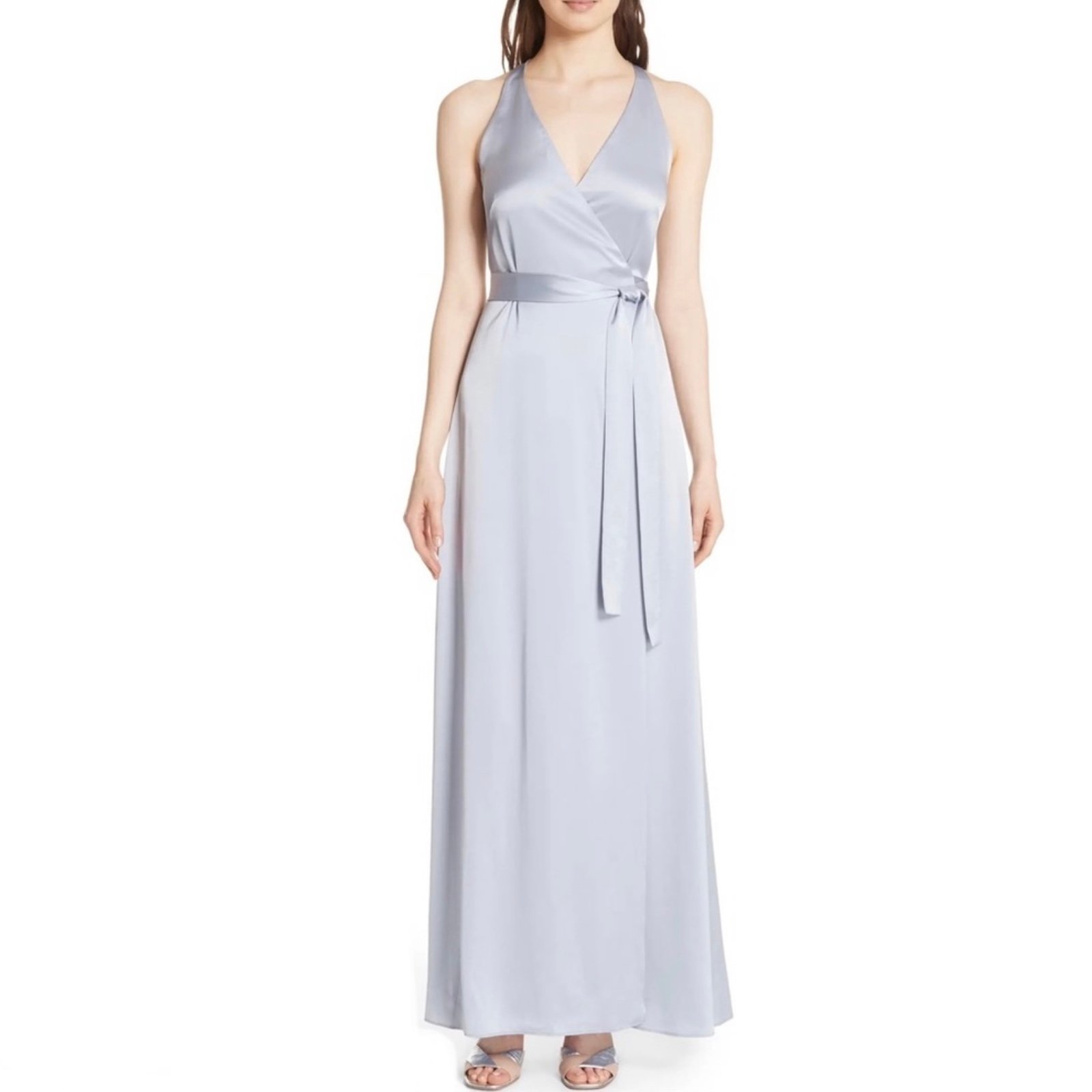 528 DIANE VON FURSTENBERG SILVER SATIN WRAP MAXI DRESS