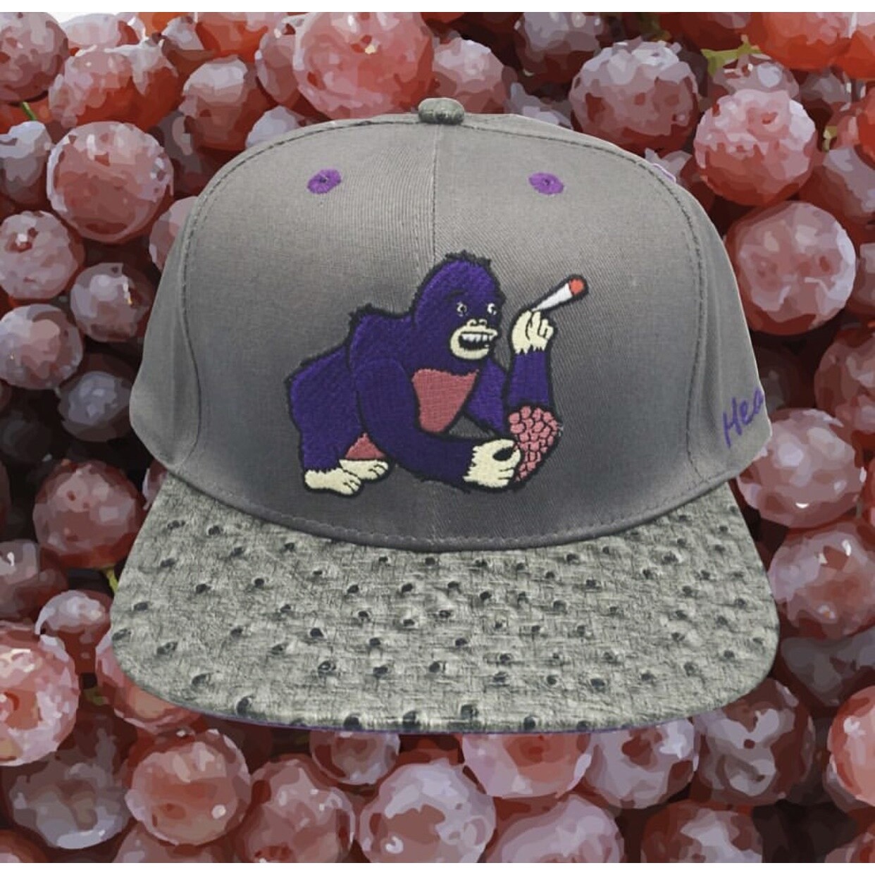 RARE Marijuana Strain Grape Ape Faux Leather Brim Snapback Hat Art By FOKAWOLF