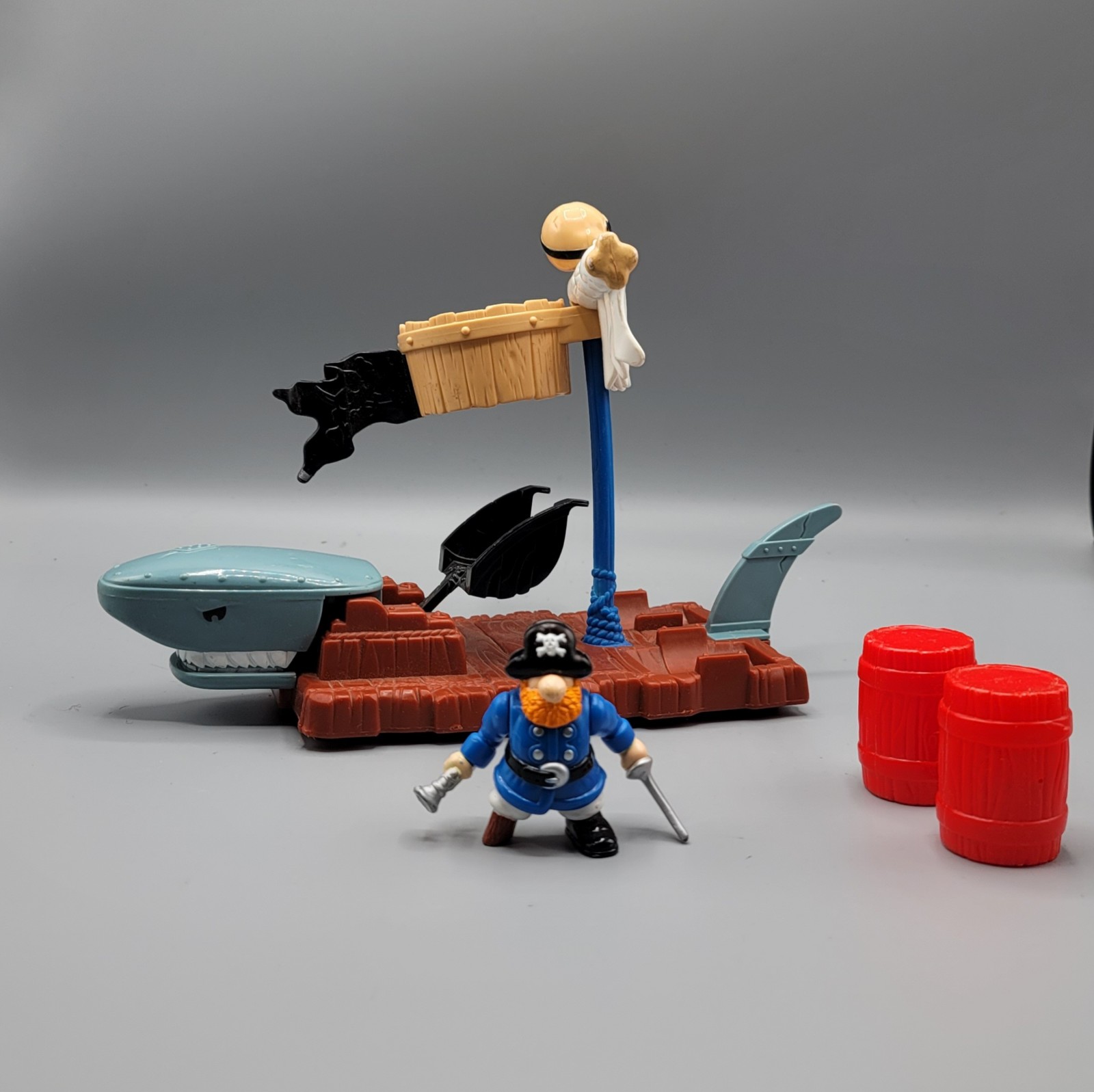 Fisher Price Great Adventures PIRATE SHARK RAFT Barrel Figure Vintage Toy