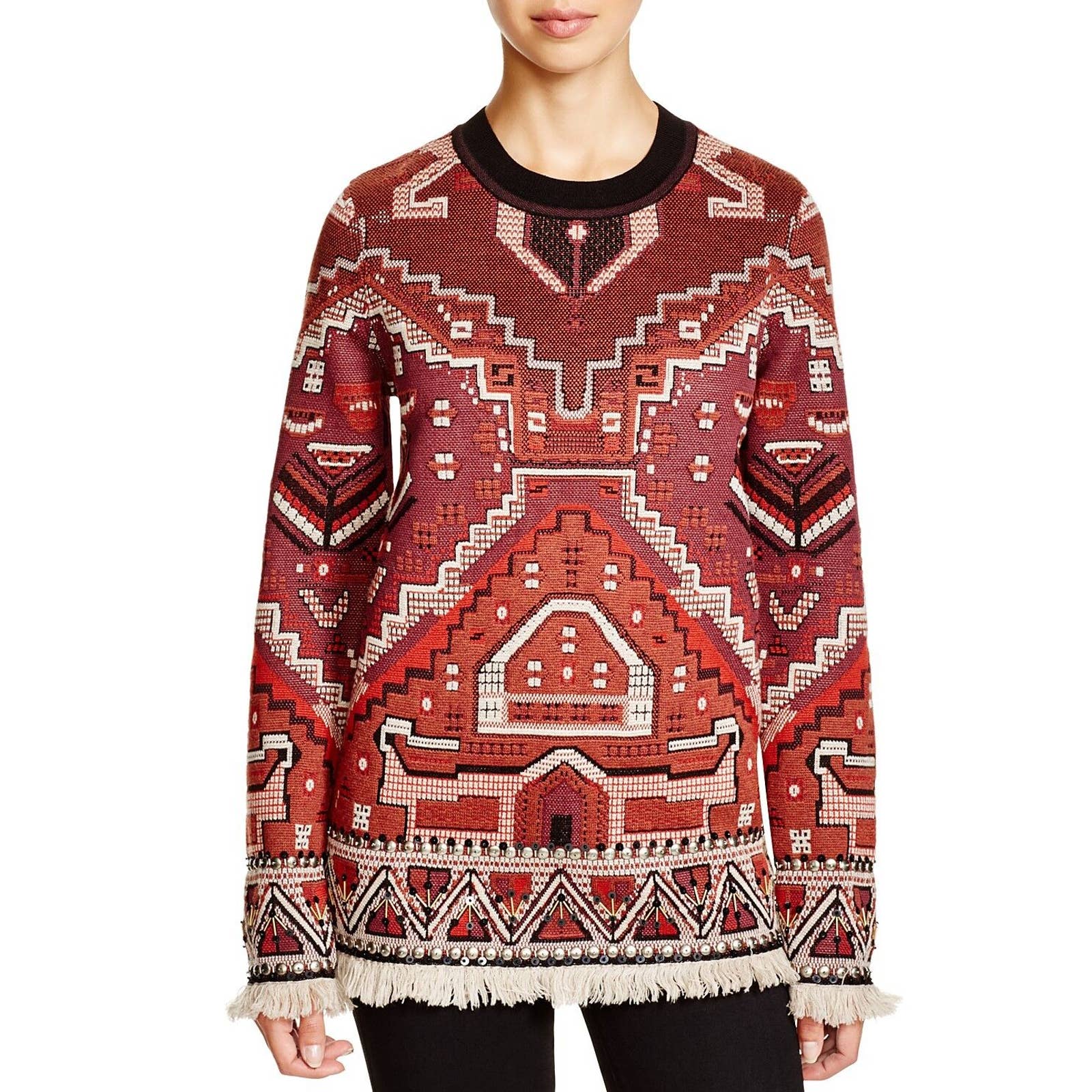 Tory Burch Tapestry Jacquard Merino Wool Crewneck Sweater Jumper Red XS Nwt 695