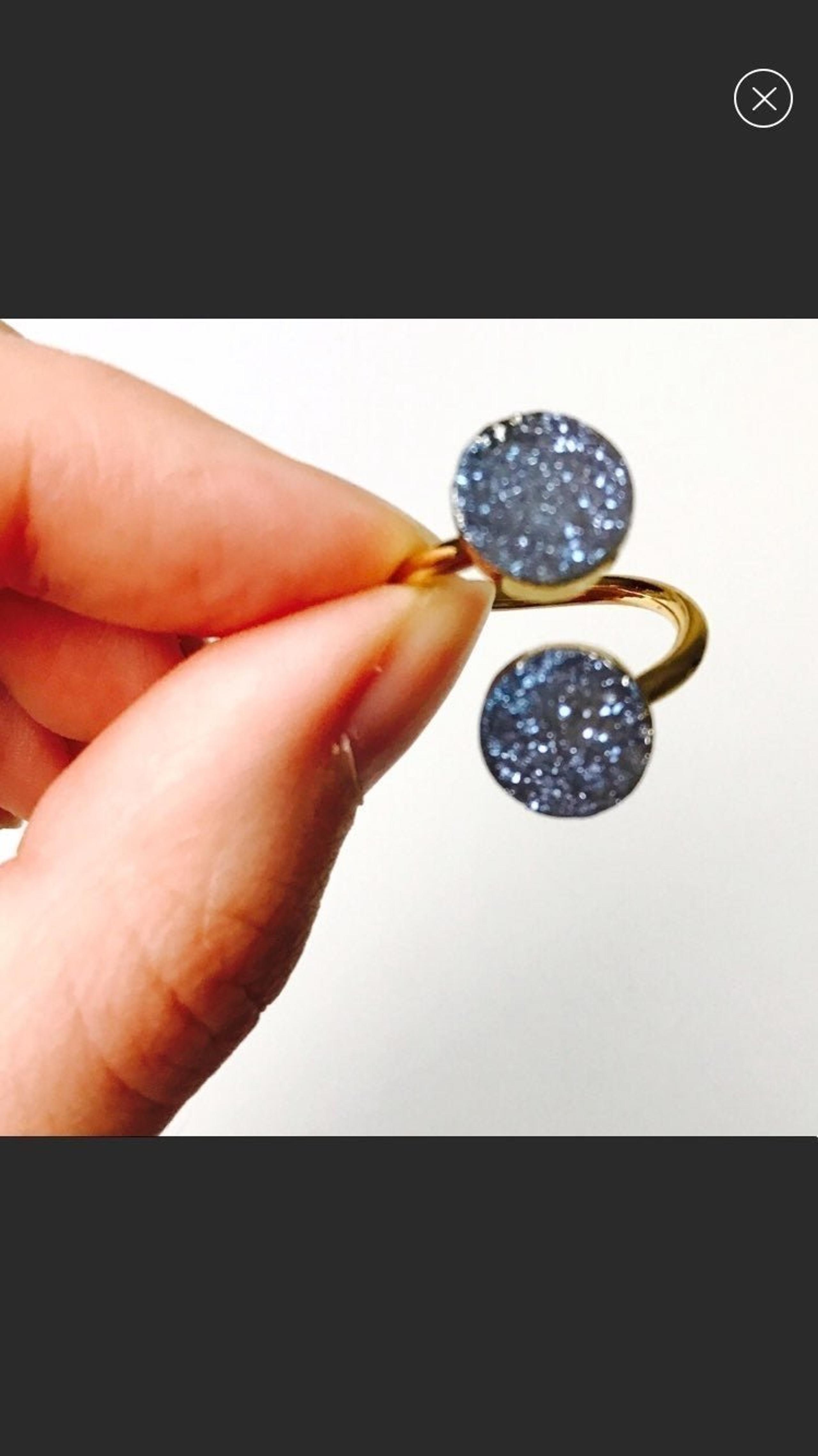 Blue Grey Druzy Crystal Double 24K Gold Ring