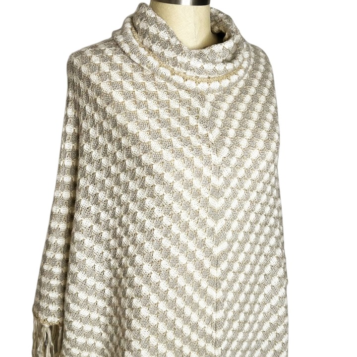 Cato Sweater Poncho Womens Size One Size Tan White Fringe Cowl Neck