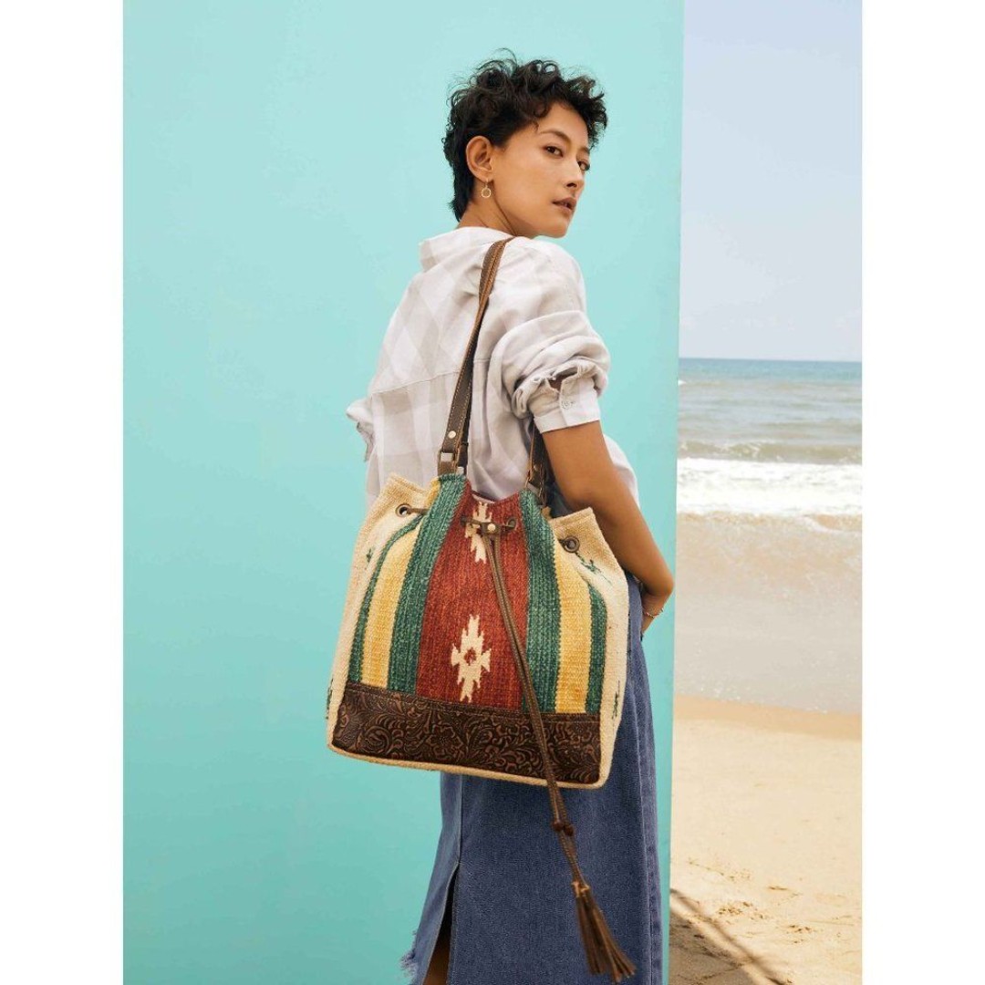 Myra Bag Handmade Radiant Bucket Bag Upcycled Canvas & Cowhide Leather