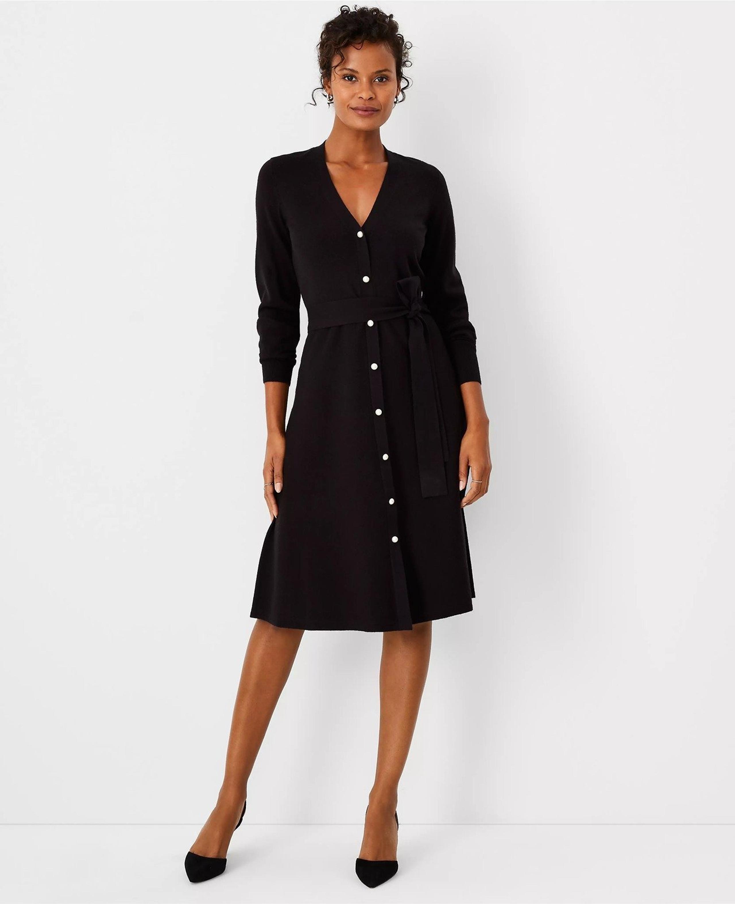ANN TAYLOR Women's Size XS Black Pearlized Button Belted Sweater Dress NWT $159