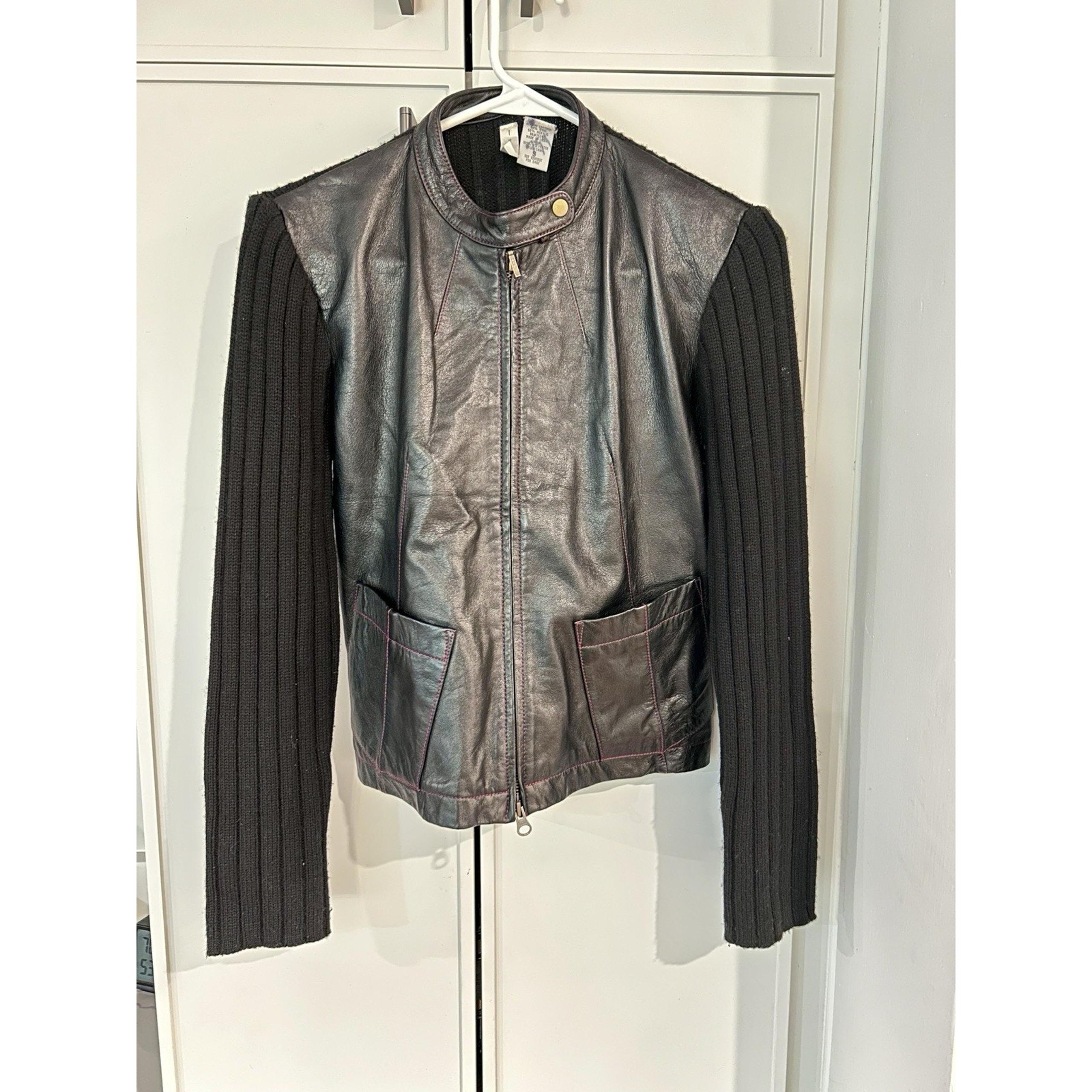 Vintage Twiggy Black Leather/Wool Bomber/Biker Jacket Sz. Small Red stitching