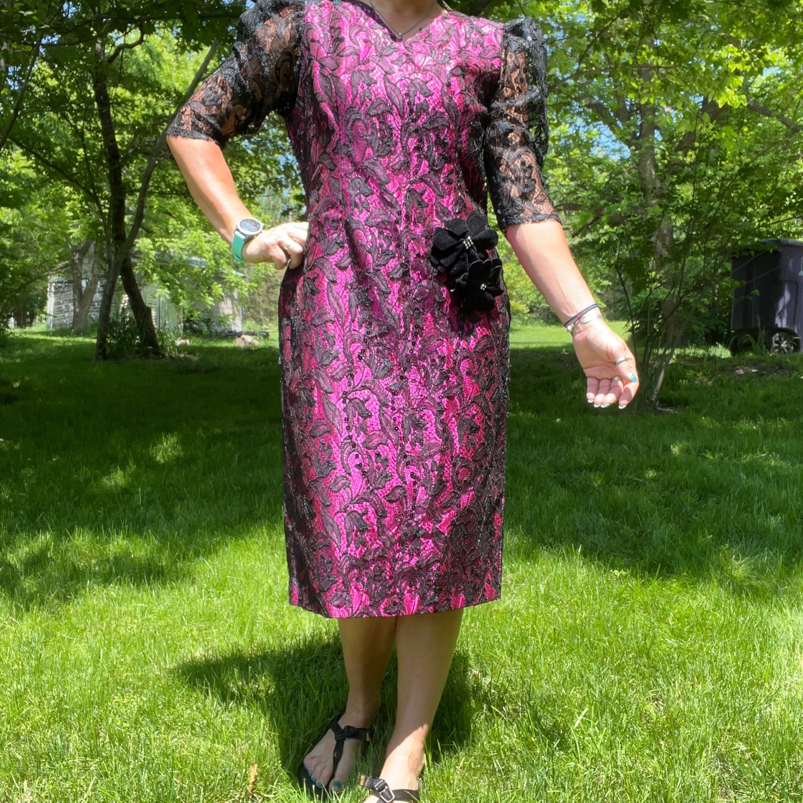 Vintage Handmade Black Lace Overlay Purple Puff Sleeve Sheath dress LARGE?
