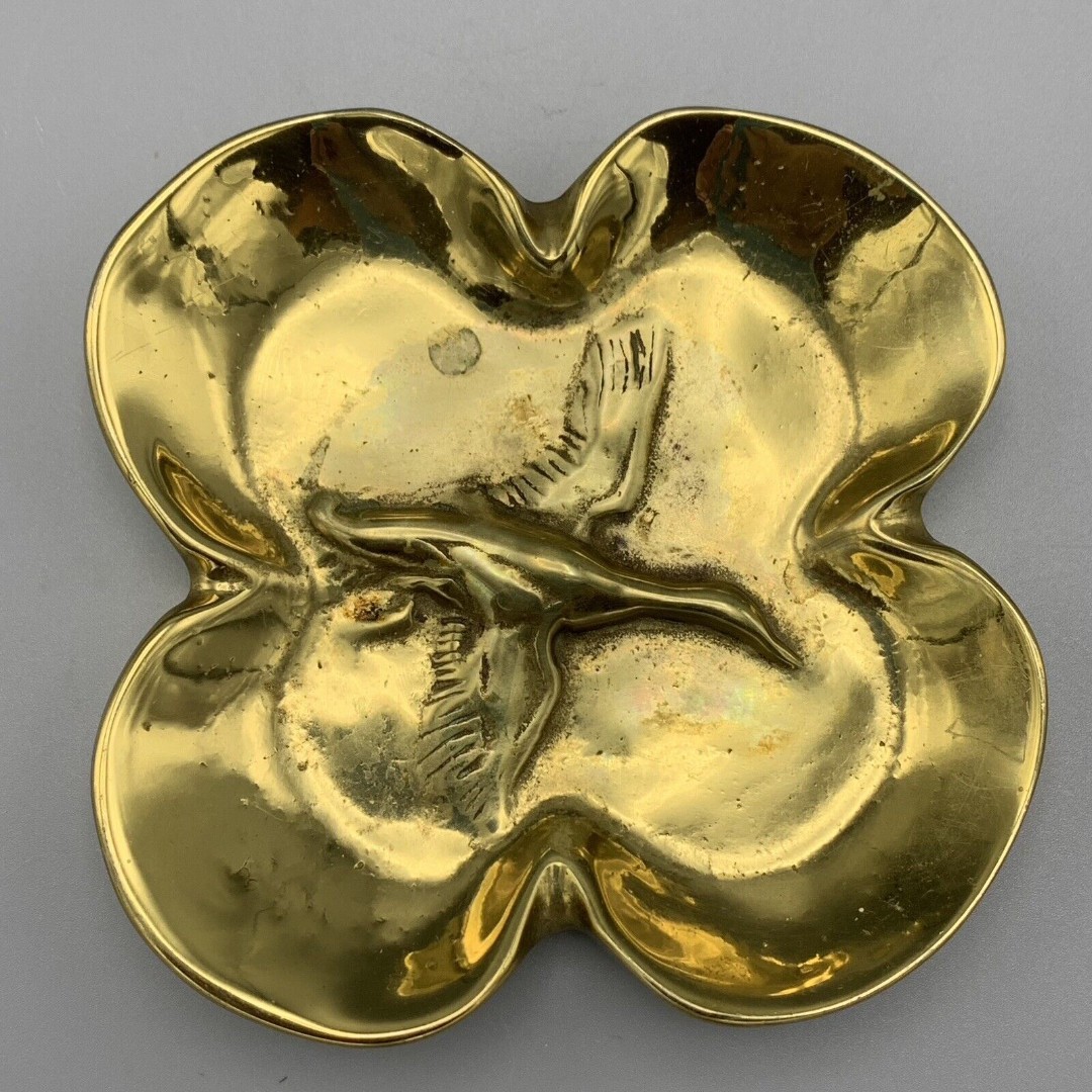 Virginia Metalcrafters Brass Four Leaf Clover 3D Duck Trinket Dish Ashtray 1980s