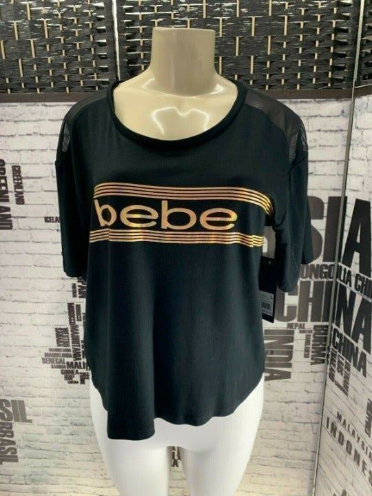 Bebe L Black Logo Mesh Trim Crop Tee