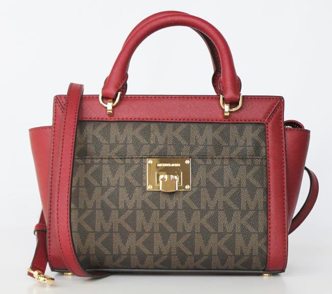 MICHAEL KORS SIGNATURE TZ TINA SMALL MESSENGER NWT Brown / Cherry