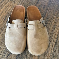 Brown suede clogs