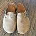 Brown suede clogs