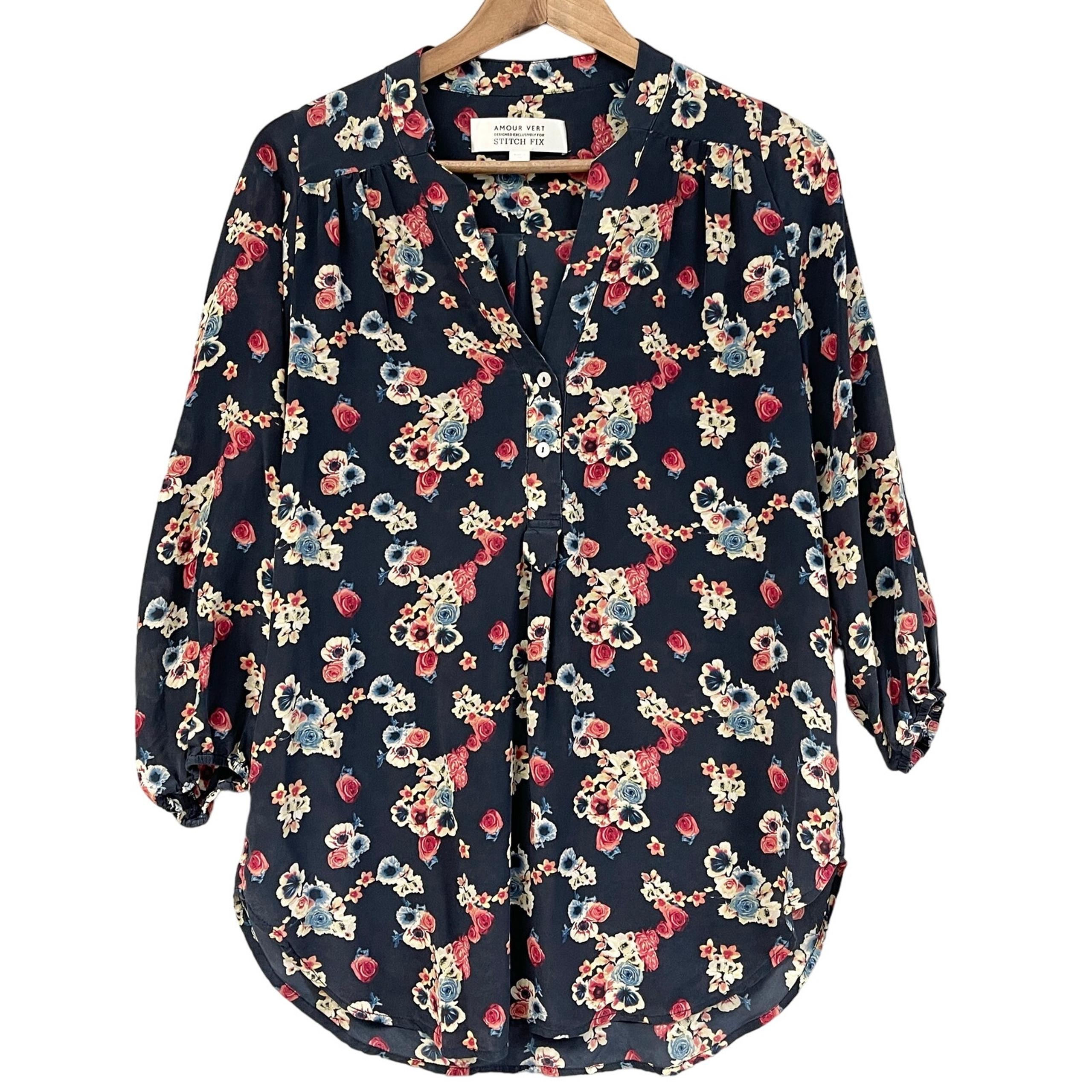 Amour Vert Silk Blouse Top Womens Medium Floral Cottagecore Bohemian Feminine