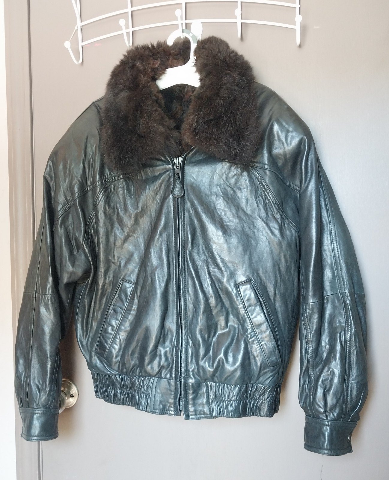 Andrew Marc Black Leather Jacket With Convertible Brown Faux Fur Lined Vest