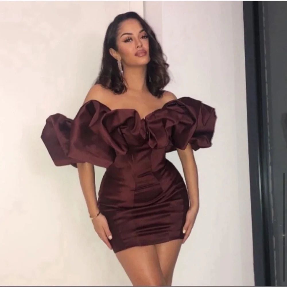 HOUSE OF CB Selena Wine Red Brown Puff Sleeve Off Shoulder Corset dress size S