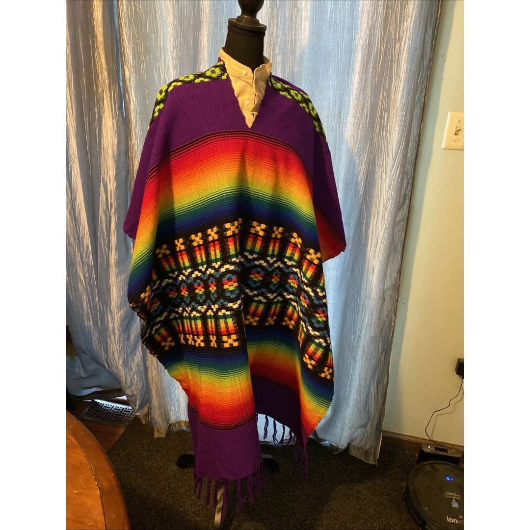 Vintage Bold bright Multi-Colored Fringed Serape Poncho, One Size, 45.0 Long,