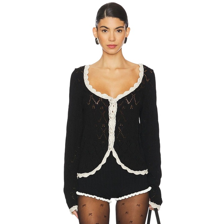 Free People Adelene Cardigan in Black Cream Combo Small New Womens Knit Sweater