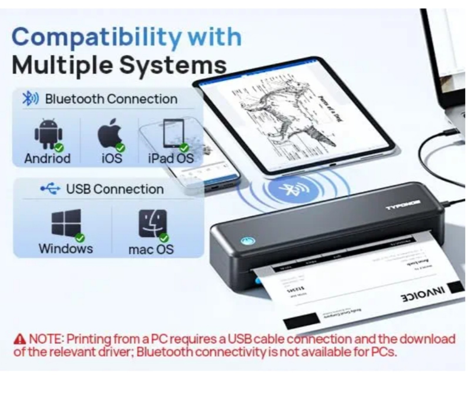 Portable Printers Wireless for Travel, D820 Thermal Inkless Printer Support Size