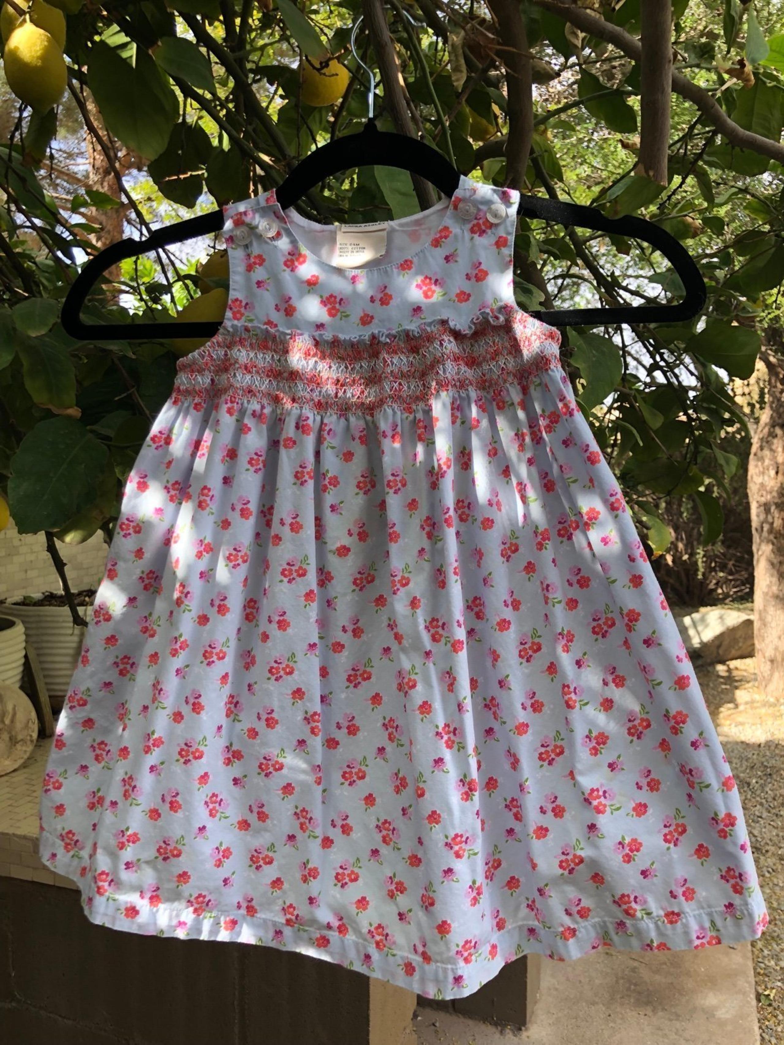 Laura Ashley Blue w/ Lavender, Pink & Orange Floral Smocked Sleeveless Dress 24M