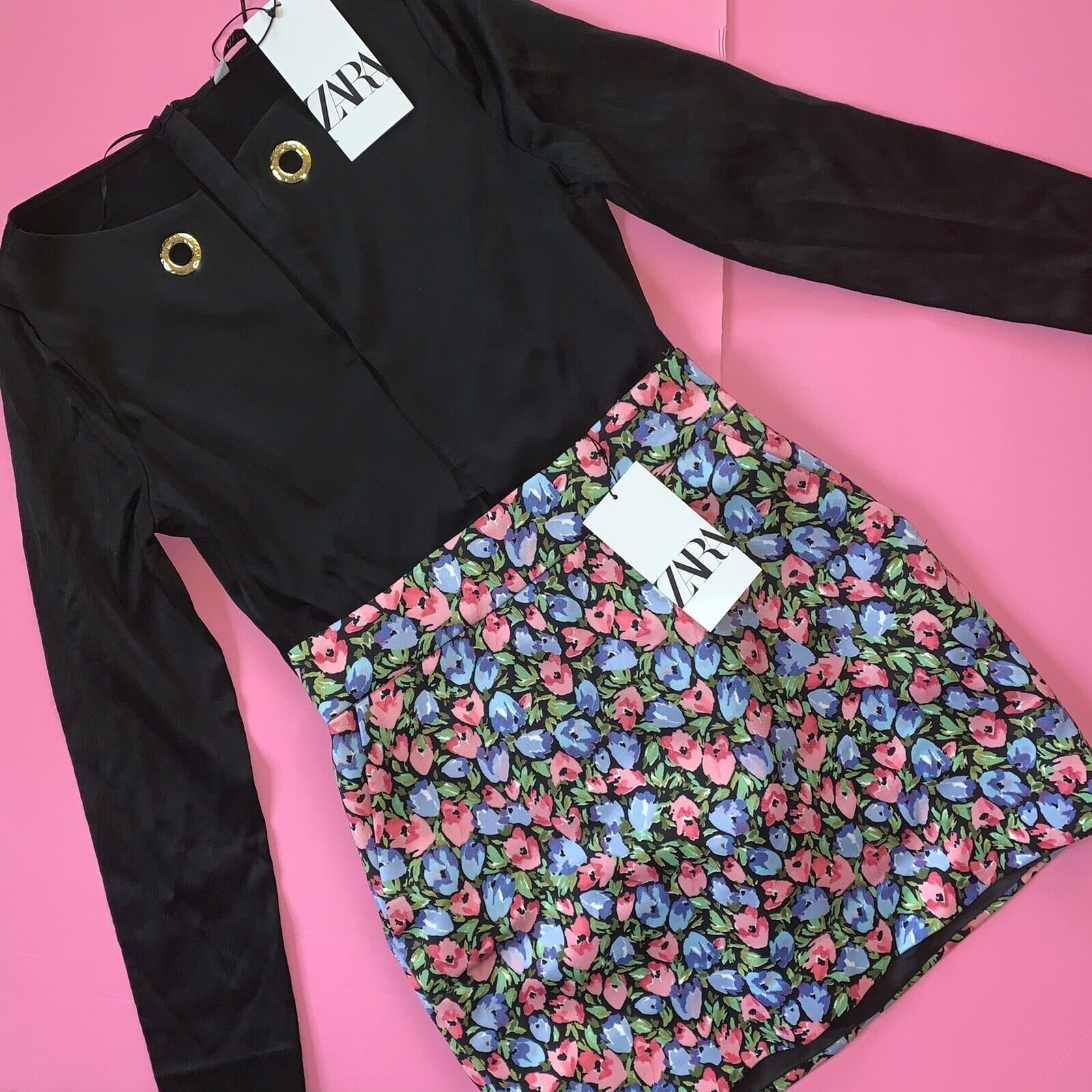 NWT Zara S SET TEDDY BODYSUIT ONE-PIECE+mini SKIRT Black green pink blue flowers