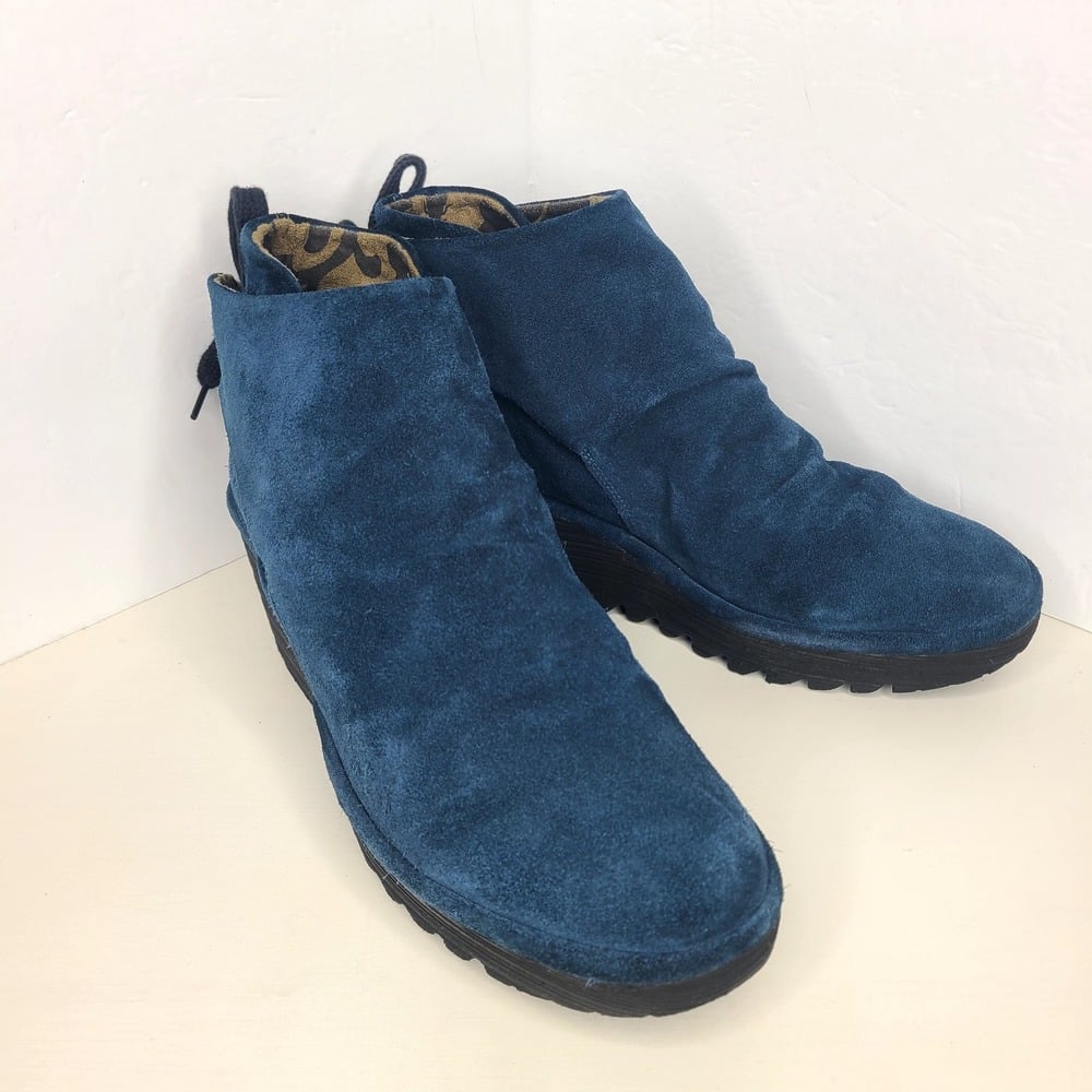 FLY London Suede Ruched Wedge Ankle Boots with Tie Detail Yebi Ocean EU 42